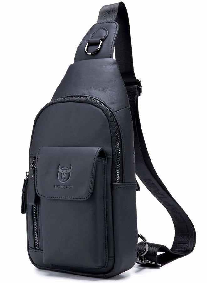 BULLCAPTAIN Mens Leather Crossbody Bag Shoulder Sling Bag Casual Daypacks Chest Bags for Travel Hiking Backpacks (Black) - Image 1