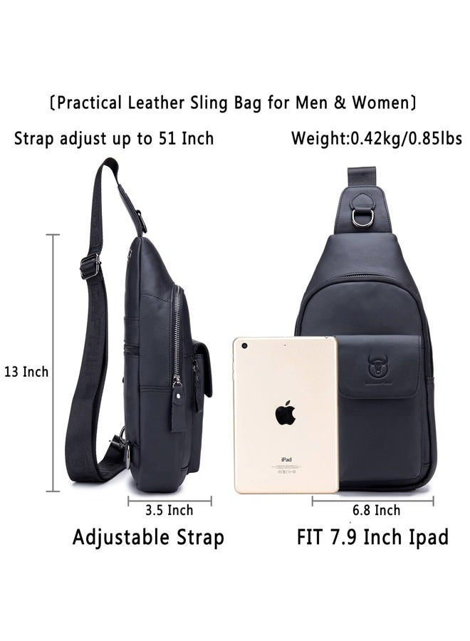 BULLCAPTAIN Mens Leather Crossbody Bag Shoulder Sling Bag Casual Daypacks Chest Bags for Travel Hiking Backpacks (Black) - Image 3