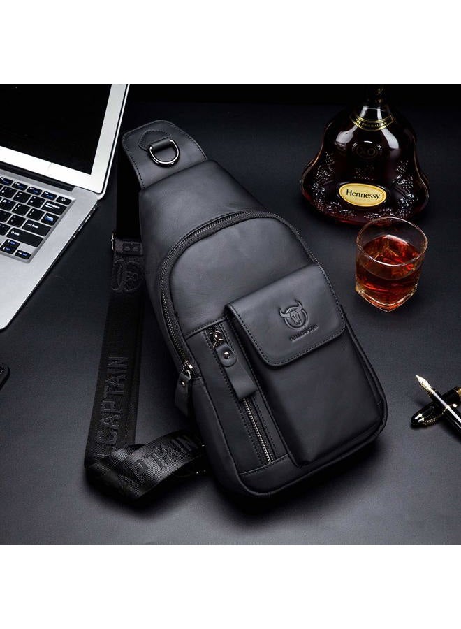 BULLCAPTAIN Mens Leather Crossbody Bag Shoulder Sling Bag Casual Daypacks Chest Bags for Travel Hiking Backpacks (Black) - Image 2