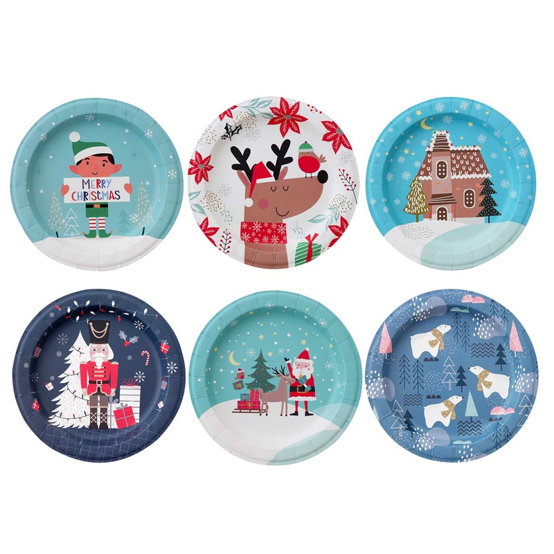 Paper Plates  60Count 8 x 8 Disposable Christmas Party Supply Dessert Plates in 6 Designs  Reindeer Santa Polar Bear Elf Gingerbread House Nutcracker