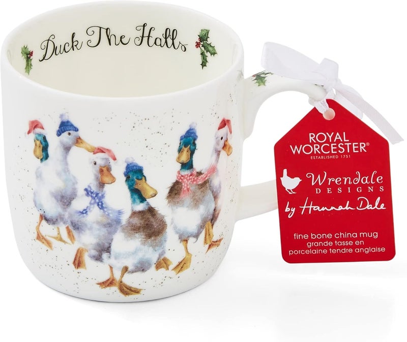 Royal Worcester 14 Oz Duck The Halls Christmas Mug with Duck Design Fine Bone China Winter Holiday Coffee Mug Microwave Dishwasher Safe Wrendale Designs Festive Holiday Tableware