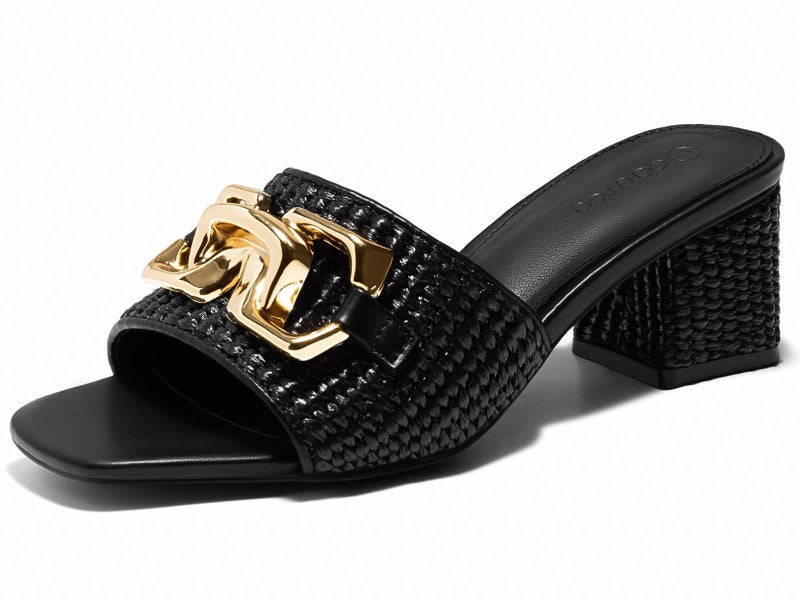 Coutgo Womens Raffia Slide Sandals Chunky Block Heeled Square Open Toe Metal Chain Slip on Mules Dressy Shoes, Black, Size 8 - Image 1