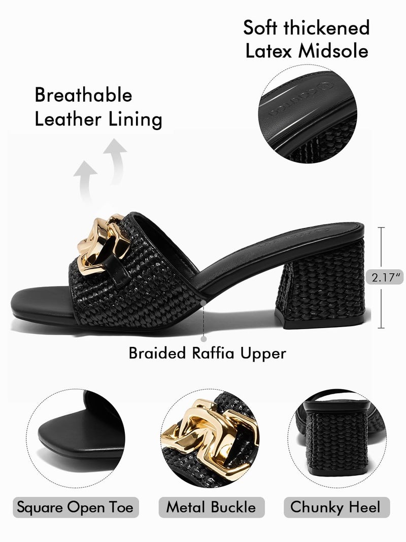 Coutgo Womens Raffia Slide Sandals Chunky Block Heeled Square Open Toe Metal Chain Slip on Mules Dressy Shoes, Black, Size 8 - Image 4