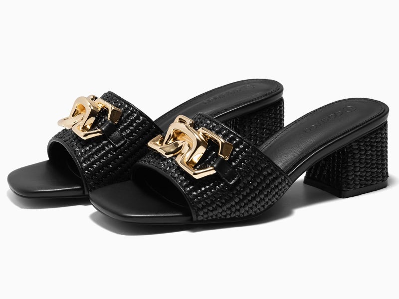Coutgo Womens Raffia Slide Sandals Chunky Block Heeled Square Open Toe Metal Chain Slip on Mules Dressy Shoes, Black, Size 8 - Image 5