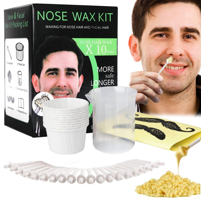 BLUETOP Nose and Ear Hair Waxing Kit  Hair Removal Set for Men and Women with 50g Wax Beads 20 Applicators 10 times 10 Paper Cups and 10 Mustache Guards