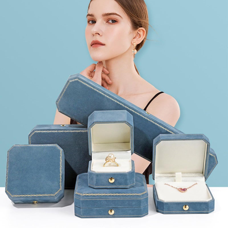 WHSLILR Velvet Ring Box - Octagon Engagement Ring Box with Hinged Lid for Proposal Engagement Wedding, Proposal Ring Case Jewelry Box with Gold Lace PRB001 - Image 4