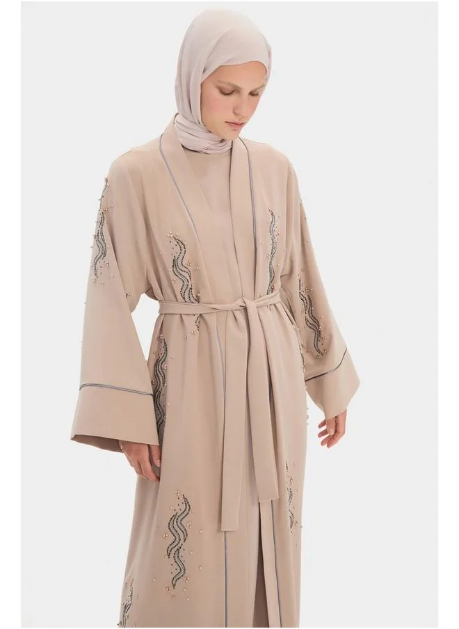 جون June Women Stoned Waist Tie Detailed Abaya Beige