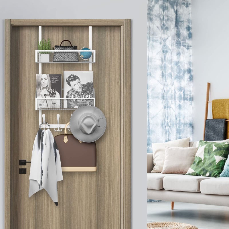 Kaiferty Over The Door Hooks Organizer,Coat Rack with 12 Hooks and 2 Mesh Baskets,Back of Door Storage Organizer for Bathroom,Bedroom,Kitchen,Office(White) - Image 3
