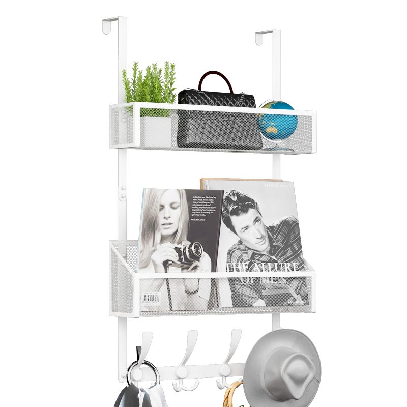 Kaiferty Over The Door Hooks Organizer,Coat Rack with 12 Hooks and 2 Mesh Baskets,Back of Door Storage Organizer for Bathroom,Bedroom,Kitchen,Office(White) - Image 1
