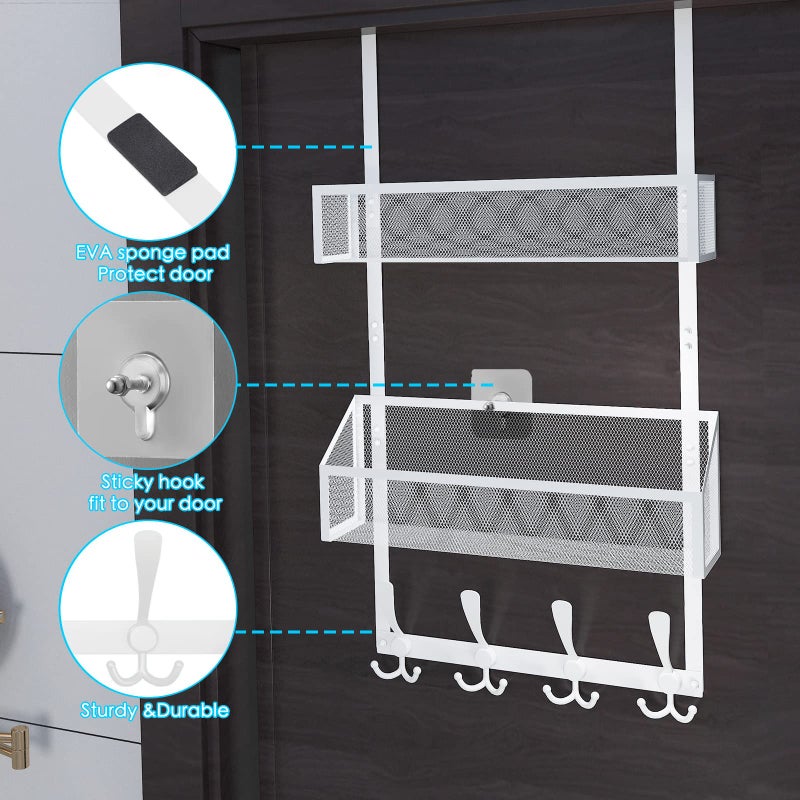 Kaiferty Over The Door Hooks Organizer,Coat Rack with 12 Hooks and 2 Mesh Baskets,Back of Door Storage Organizer for Bathroom,Bedroom,Kitchen,Office(White) - Image 5