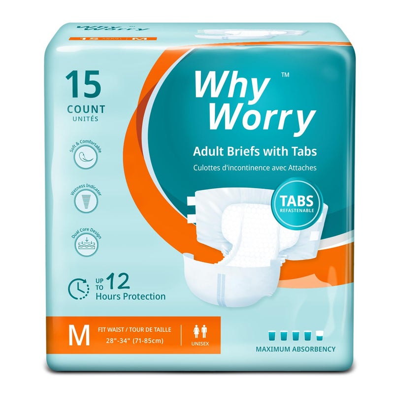 WhyWorry Adult Diapers with Tabs, Disposable Incontinence Briefs for Women & Men with Maximum Absorbency, Adult Briefs for Incontinence Overnight, Odor Control, Unisex, Medium, 15 Count - Image 1