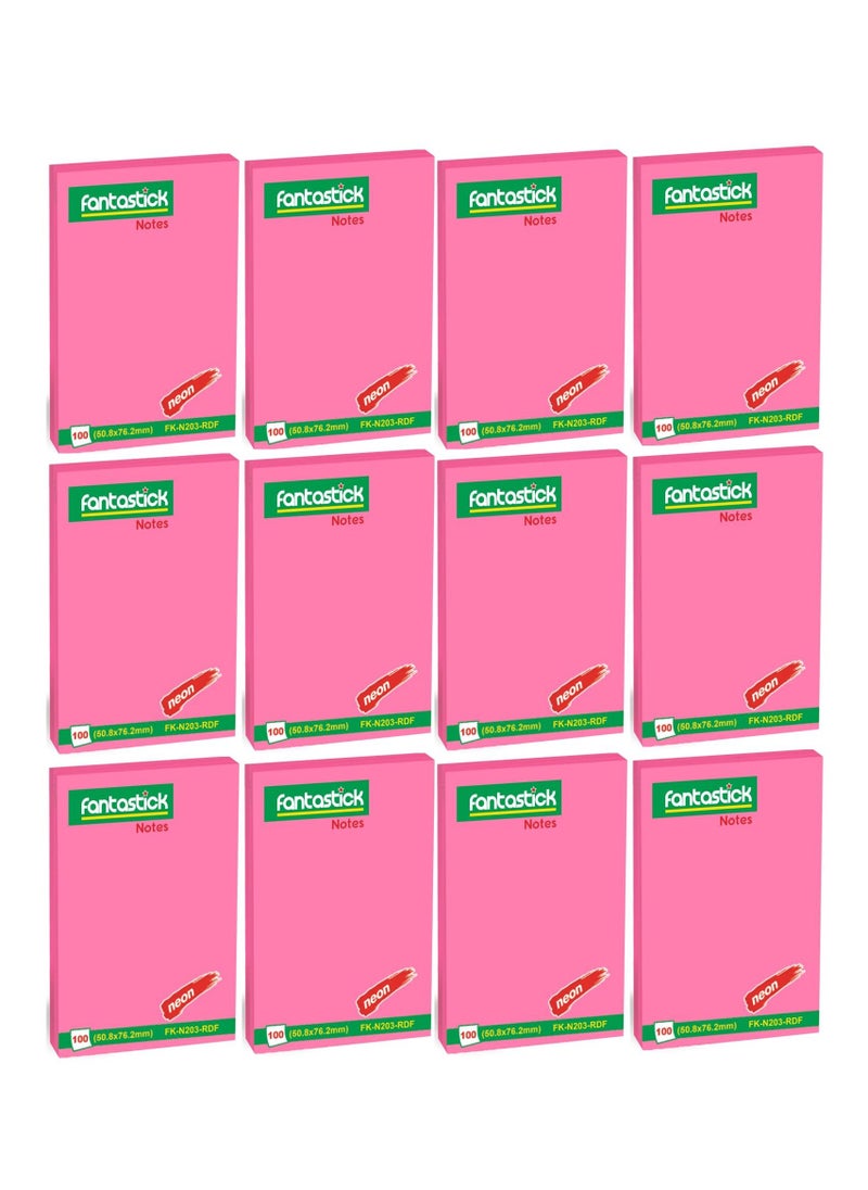 Fantastick 12-Piece Sticky Notes 2x3 Inch Size Neon Pink  - Image 1