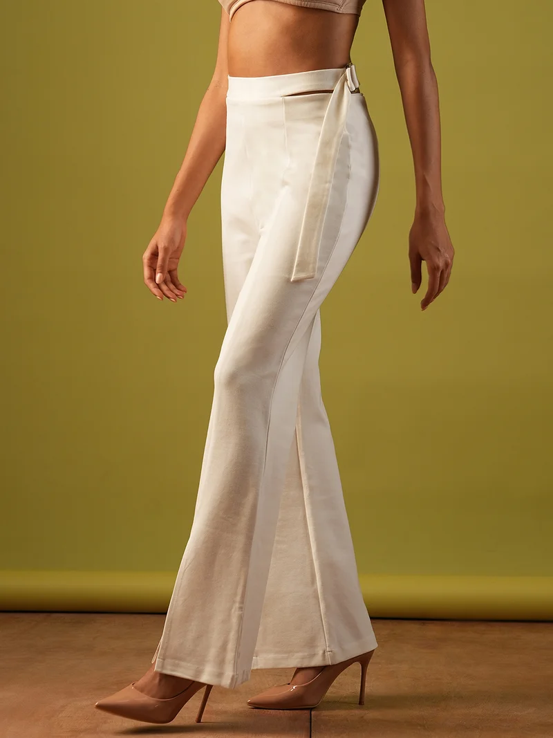 globus Globus Women Stretchable High-Rise Cut Out Detail Waist Tie-Up Front Slit Flared Party Treggings