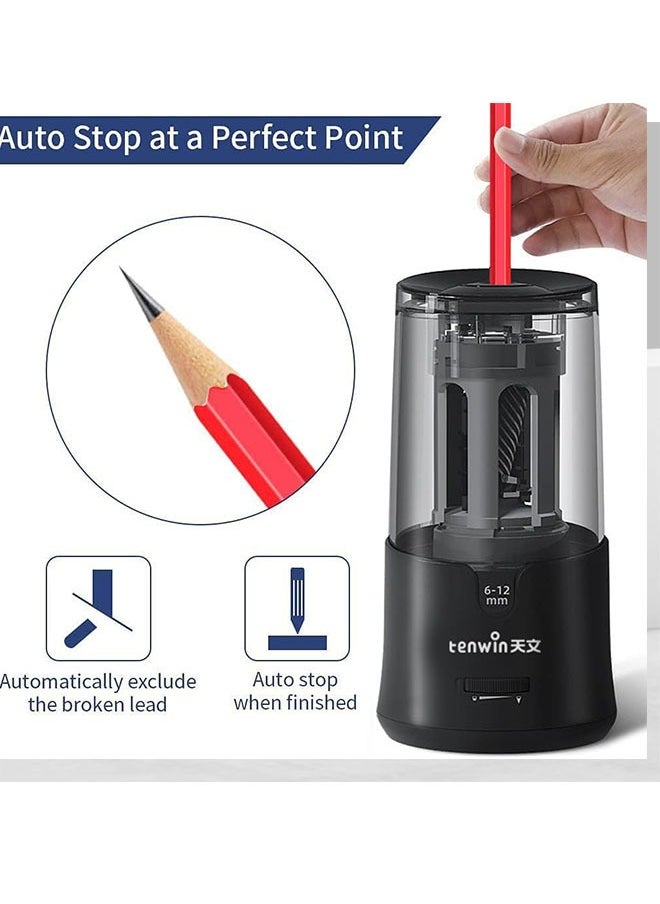 tenwin - Tenwin Electric Pencil Sharpener, Pencil Sharpener for Colored Pencils, Auto Stop, Super Sharp & Fast, Electric Pencil Sharpener Plug in for 6-12mm No.2/Colored Pencils/Office/Home-Black - Image 1