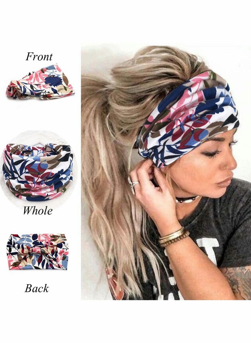 Loquat Boho Bandeau Headbands, Wide Knot Hair Scarf Floral Printed Hair Band Elastic Turban Thick Head Wrap Stretch Fabric Cotton Head Bands Thick Fashion Hair Accessories for Women, 3 Pcs, Style C - Image 2