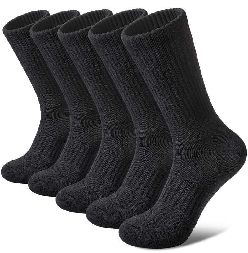 FNOVCO Women's Hiking Walking Running Crew Socks Thick Cushioned Athletic Compression Socks 5 Pairs (Black, 9-11) - Image 1