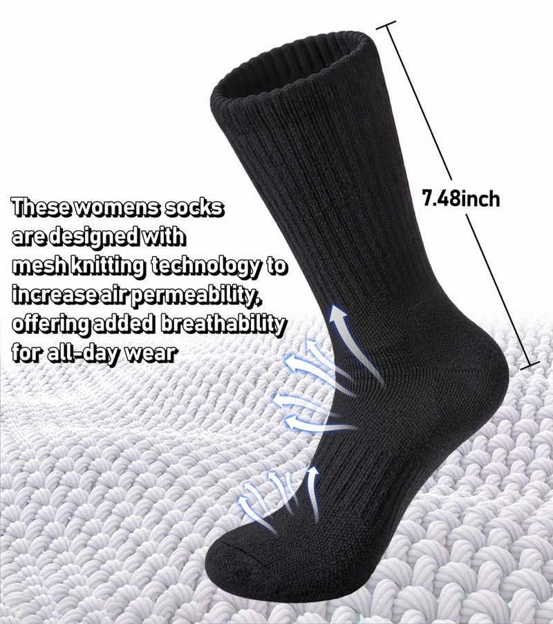 FNOVCO Women's Hiking Walking Running Crew Socks Thick Cushioned Athletic Compression Socks 5 Pairs (Black, 9-11) - Image 4