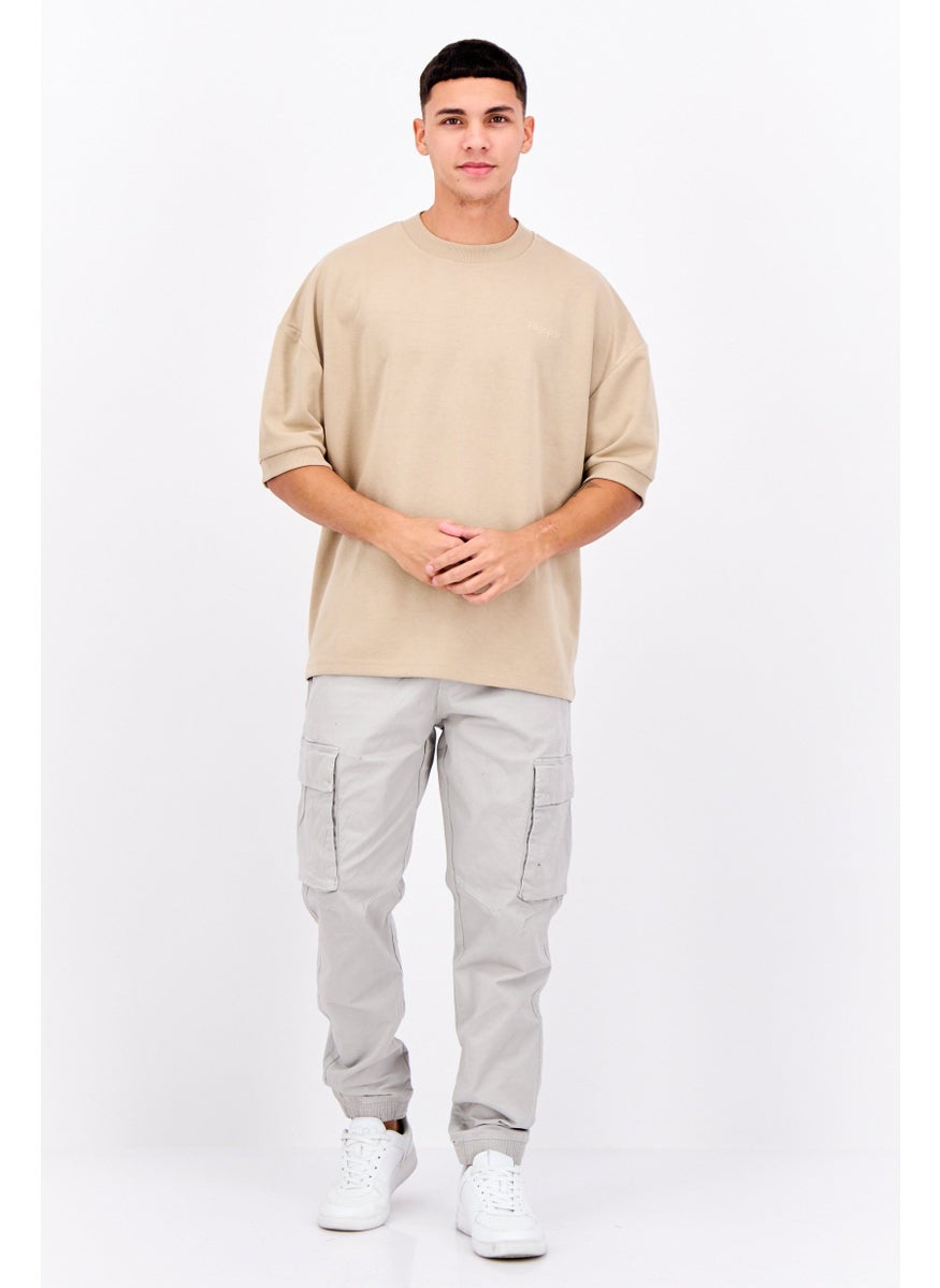 Algspar Men Crew Neck Short Sleeve Brand Logo T Shirt, Sand  - Image 4