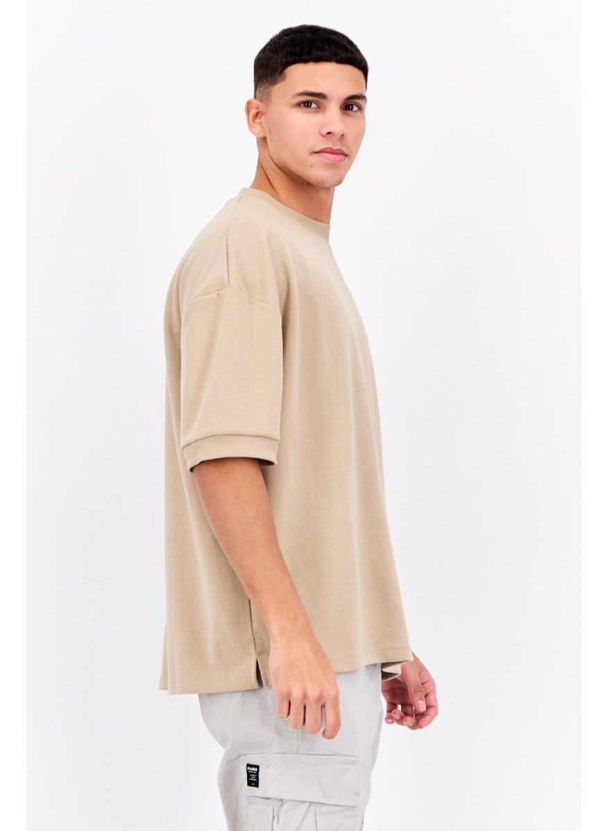 Algspar Men Crew Neck Short Sleeve Brand Logo T Shirt, Sand  - Image 2