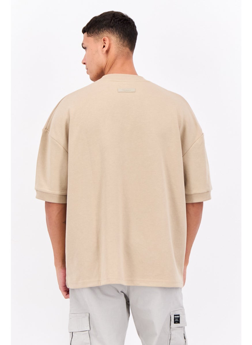 Algspar Men Crew Neck Short Sleeve Brand Logo T Shirt, Sand  - Image 3