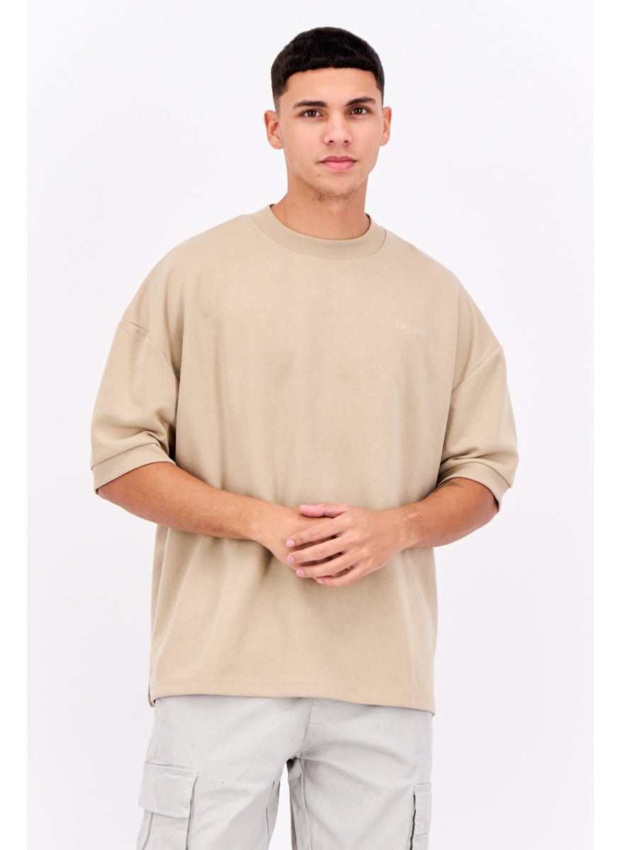 Algspar Men Crew Neck Short Sleeve Brand Logo T Shirt, Sand  - Image 1
