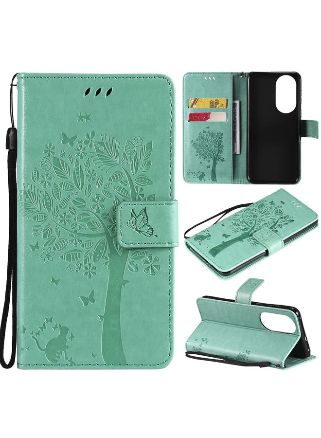 S-TOP Case For Huawei P50 Tree & Cat Pattern Pressed Printing Horizontal Flip PU Leather Case with Holder & Card Slots & Wallet & Lanyard - Image 1