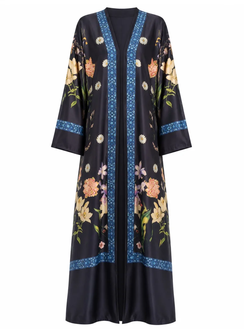 Amnad International Women's Midnight Black Silk Open Abaya with Matching Hijab, Floral Print & Blue Mosaic Trim, Sizes 52-60 inches