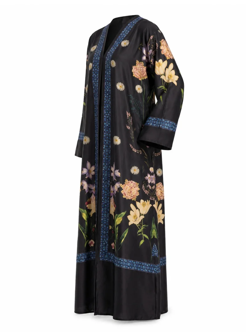 Amnad International Women's Midnight Black Silk Open Abaya with Matching Hijab, Floral Print & Blue Mosaic Trim, Sizes 52-60 inches