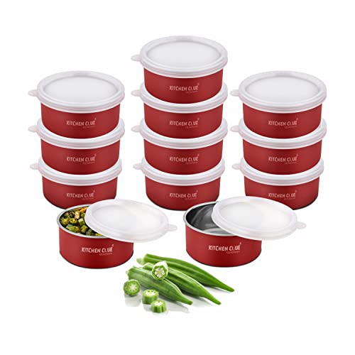 KITCHEN CLUE Stainless Steel Microwave Safe Lunch Containers For Kitchen I Red Set Of 12 Pcs, 300 ML I Steel Lunch Box For Office School I Kitchen Storage Bowls I AIRTIGHT & LEAK-PROOF (SET OF 12 PCS) - Image 1