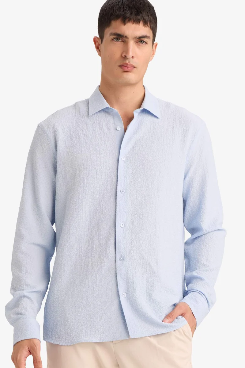 DeFacto Modern Fit Polo Collar Woven Long Sleeve Shirt