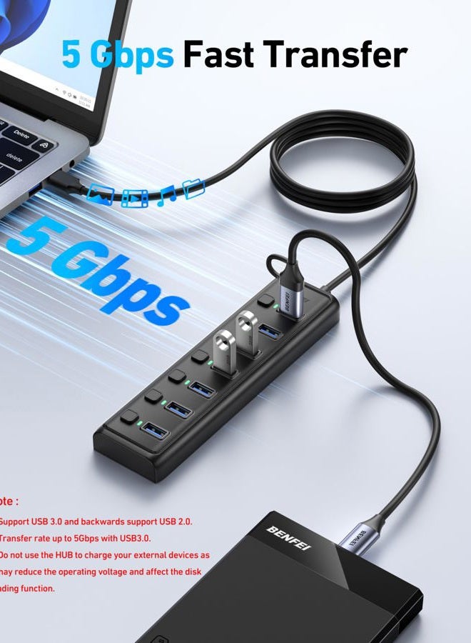 Benfei USB 3.0 Hub 7-Port, Ultra-Slim Portable USB Splitter with 3.3ft Cable - Compatible with MacBook Pro/Air,Mac Pro, Mac Mini, iMac, Surface Pro, XPS, PC, Flash Drive, Mobile HDD (No Charging Port) - Image 2