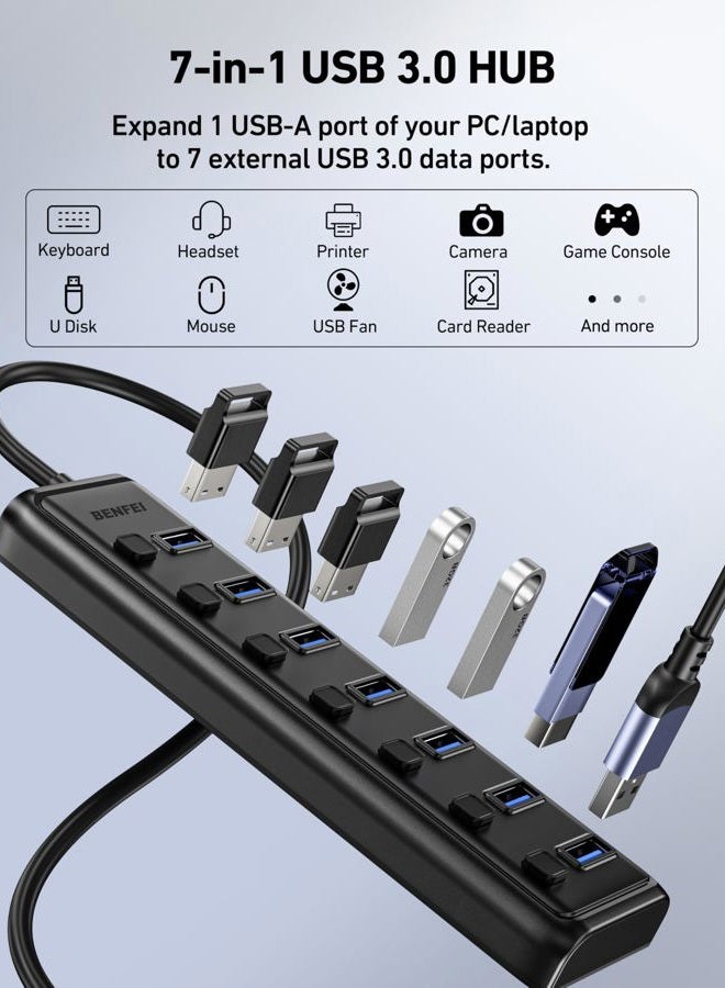 Benfei USB 3.0 Hub 7-Port, Ultra-Slim Portable USB Splitter with 3.3ft Cable - Compatible with MacBook Pro/Air,Mac Pro, Mac Mini, iMac, Surface Pro, XPS, PC, Flash Drive, Mobile HDD (No Charging Port) - Image 3