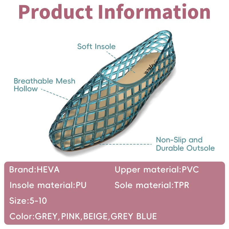HEVA Women's Jelly Mesh Flats Breathable Clear Hollow Shoes Summer Beach Jellies Ballet Sandals(8 M US Grey Blue) - Image 2