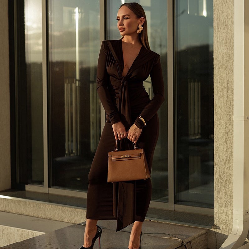 Y24Ds637 European and American Style Cross-Border Womens Autumn and Winter Deep V Shoulder Pad Bandage Pleated Waist-Covering Pure Color Dress Brown - Image 1