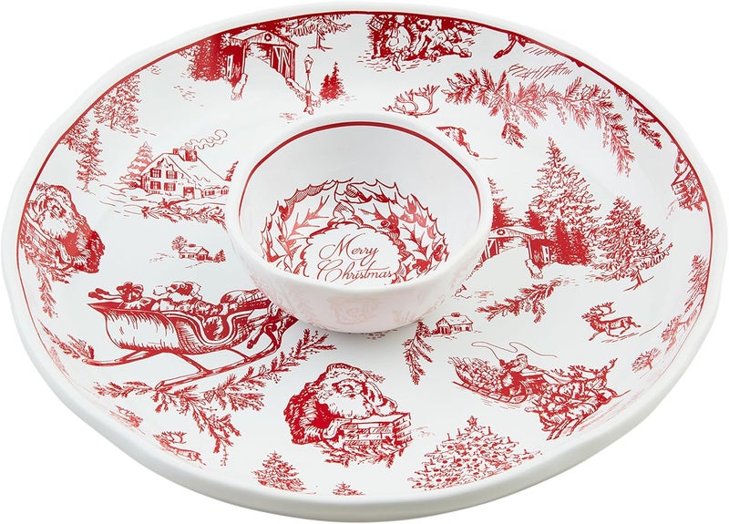 Mud Pie Toile Bowls chip 2 x 12 dia  dip 2 x 4 12 dia RED