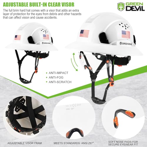 GREEN DEVIL Full Brim Hard Hat with Built-in Visor Vented Construction Safety Helmet OSHA Approved Cascos De Construccion Work Hardhats Helmets with Cooling Towel for Men&Women Adjustable Ratchet Suspension - Image 3