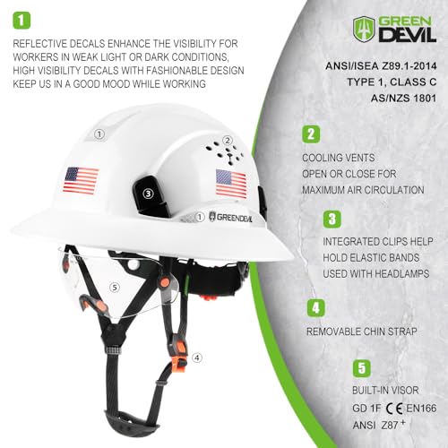 GREEN DEVIL Full Brim Hard Hat with Built-in Visor Vented Construction Safety Helmet OSHA Approved Cascos De Construccion Work Hardhats Helmets with Cooling Towel for Men&Women Adjustable Ratchet Suspension - Image 2