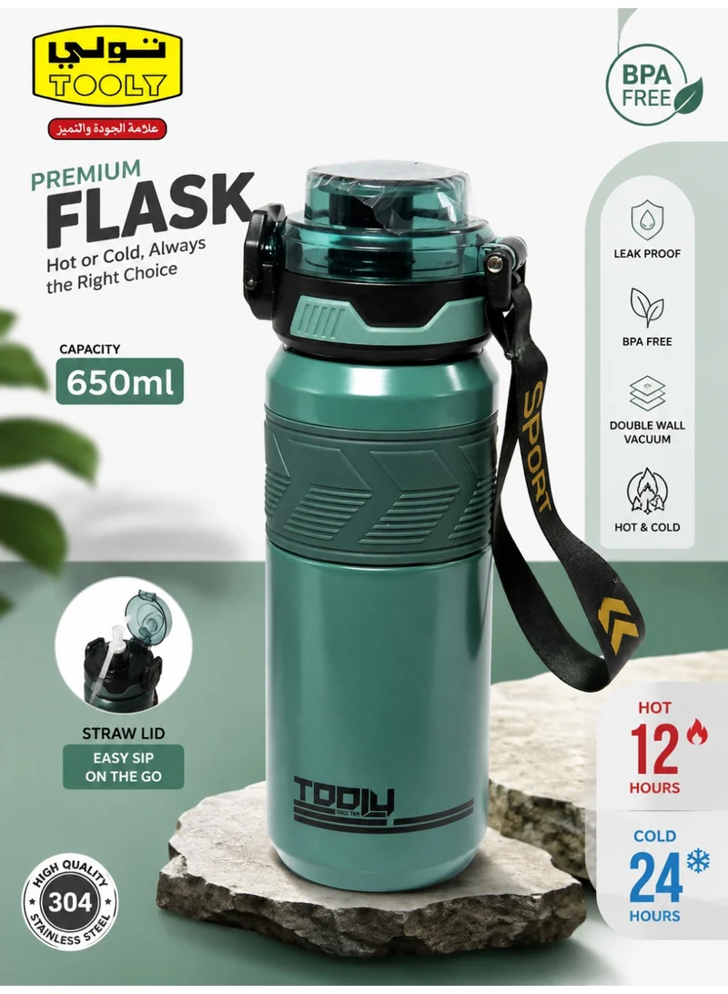 تولي 650ml Stainless Steel Vacuum Insulated Sports Water Bottle Flask with Straw Lid & Carrying Strap – 304 Food-Grade Double Wall Hot (12h) & Cold (24h) Travel Tumbler, BPA Free, Leak-Proof (Emerald Green)