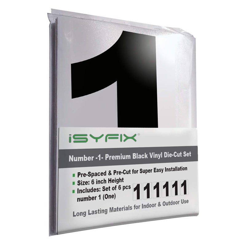 iSYFIX Black Vinyl Number 1 (One) Stickers - 6 Pack 6 inch Self Adhesive - Decal Die Cut & Pre-Spaced for Mailbox, Signs, Window, Door, Cars, Trucks, Home, Business, Address Number, Indoor & Outdoor - Image 1
