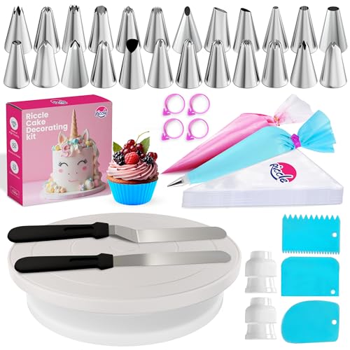 Riccle 94 pcs Cake Decorating Kit with Cake Turntable - Includes 50pcs 16 Inch Disposable + 2 Reusable Piping Bags and Tips Set, 24 Icing Piping Tips, 2 Spatulas, 3 Icing Comb Scraper, 6 Cake Liners - Image 1