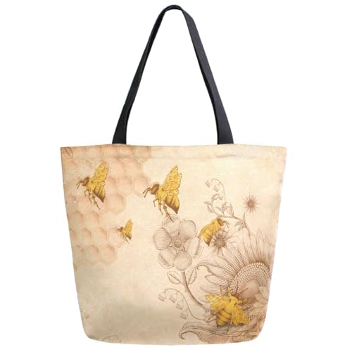 ZzWwR Rural Honey Bees Wildflowers Extra Large Canvas Shoulder Tote Top Handle Bag for Gym Beach Travel Shopping - Image 1