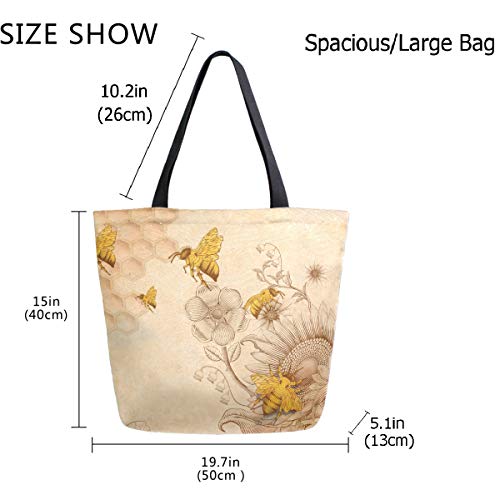 ZzWwR Rural Honey Bees Wildflowers Extra Large Canvas Shoulder Tote Top Handle Bag for Gym Beach Travel Shopping - Image 2