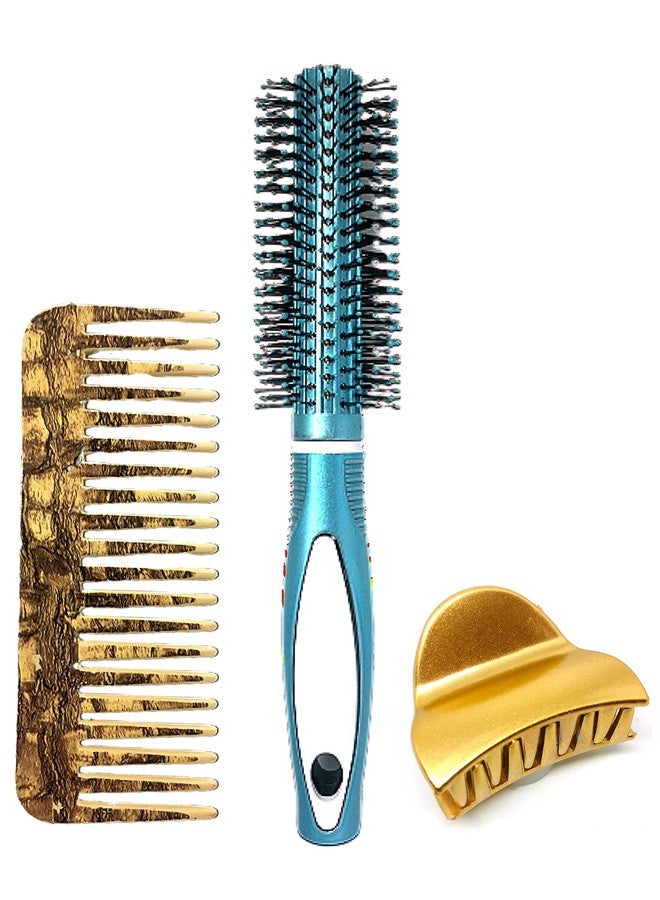 BigBro Hair Brush Round(1pc) Wooden finish Plastic Wide Teeth Comb(1pc) Hair Clutcher (1pc) for Hair Curl and Styling for Girls Women and Men (Super Saver Combo) - Image 1