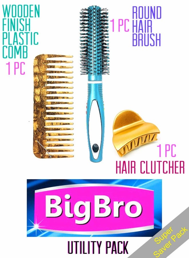 BigBro Hair Brush Round(1pc) Wooden finish Plastic Wide Teeth Comb(1pc) Hair Clutcher (1pc) for Hair Curl and Styling for Girls Women and Men (Super Saver Combo) - Image 3