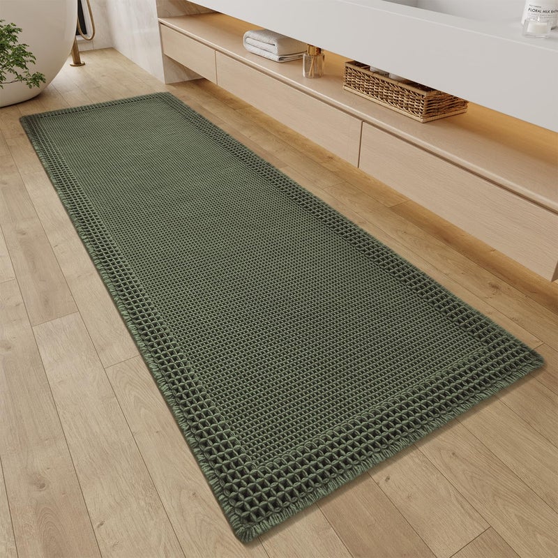 RESARE Waffle Bathroom Runner Rugs, Super Absorbent Bath Mat Non Slip Washable Quick Dry, Upgraded Ultra Soft Boho Bath Rugs with Tassels for Hallway Bedroom Laundry Room, 2'x6'(24"x72"), Green - Image 1