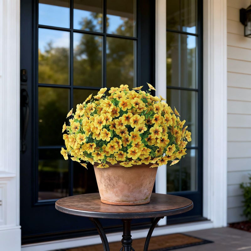 VIERENA 2 Set of Artificial Morning Glory & Eucalyptus Topiary Trees - Faux Silk Flower Potted Plants, UV-Resistant Fake Outdoor Morning Glory Bushes for Front Door, Yard, Farmhouse, Garden Decor (Yellow) - Image 3
