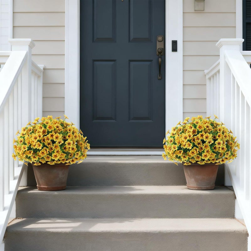 VIERENA 2 Set of Artificial Morning Glory & Eucalyptus Topiary Trees - Faux Silk Flower Potted Plants, UV-Resistant Fake Outdoor Morning Glory Bushes for Front Door, Yard, Farmhouse, Garden Decor (Yellow) - Image 2