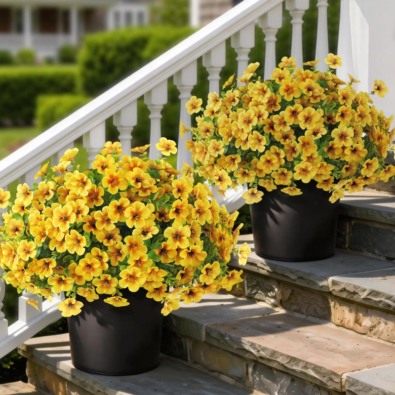 VIERENA 2 Set of Artificial Morning Glory & Eucalyptus Topiary Trees - Faux Silk Flower Potted Plants, UV-Resistant Fake Outdoor Morning Glory Bushes for Front Door, Yard, Farmhouse, Garden Decor (Yellow) - Image 1