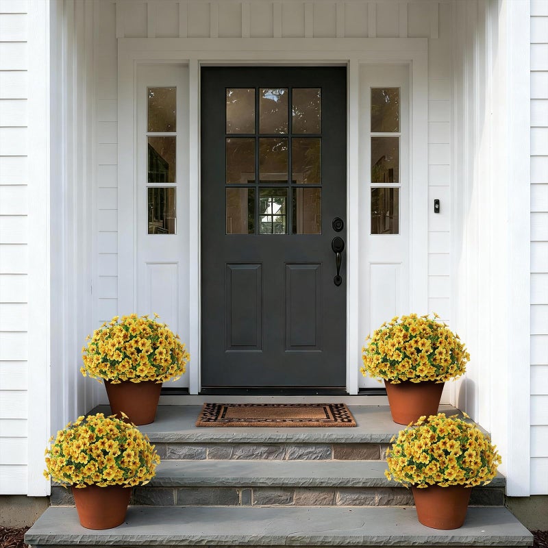 VIERENA 2 Set of Artificial Morning Glory & Eucalyptus Topiary Trees - Faux Silk Flower Potted Plants, UV-Resistant Fake Outdoor Morning Glory Bushes for Front Door, Yard, Farmhouse, Garden Decor (Yellow) - Image 4
