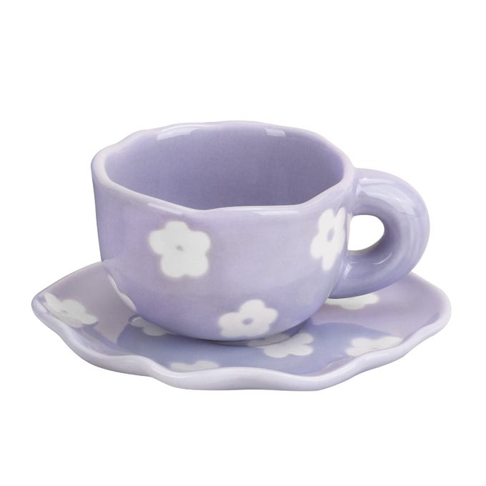 CERAMIC COFFEE MUG WITH SAUCER SET CUTE CREATIVE CUP UNIQUE IRREGULAR SAUCER DESIGN FOR OFFICE AND HOME 6 OZ180 ML FOR LATTE TEA MILK PURPLE FLOWER
